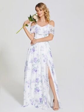 Cold-Shoulder White Maxi Dress with Lavender Floral Print